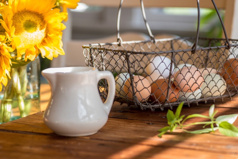 Farm fresh eggs in wire basket