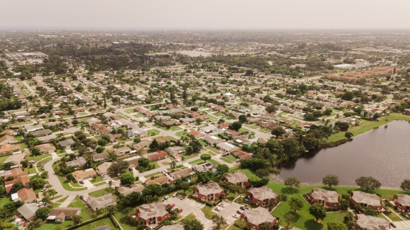 Aerial Scenes of Residential Single Family Housing in West Palm Beach, Florida in October 2021 